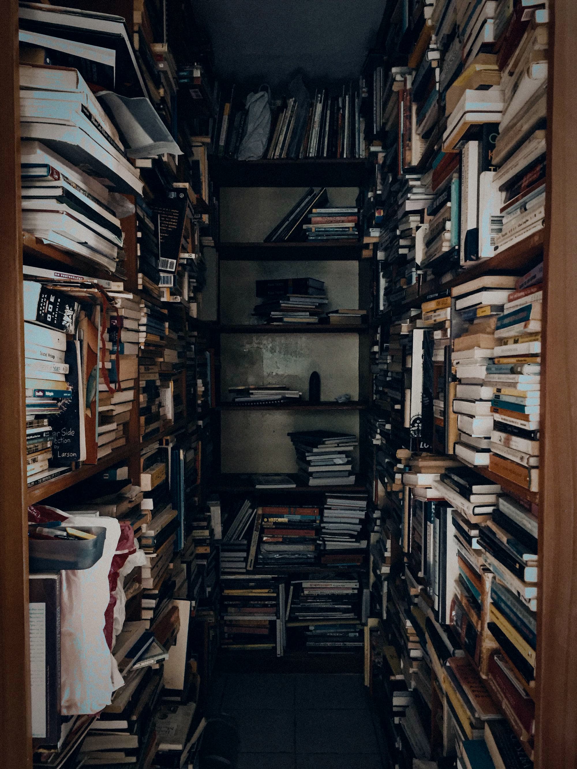 Dense library shelves in low light