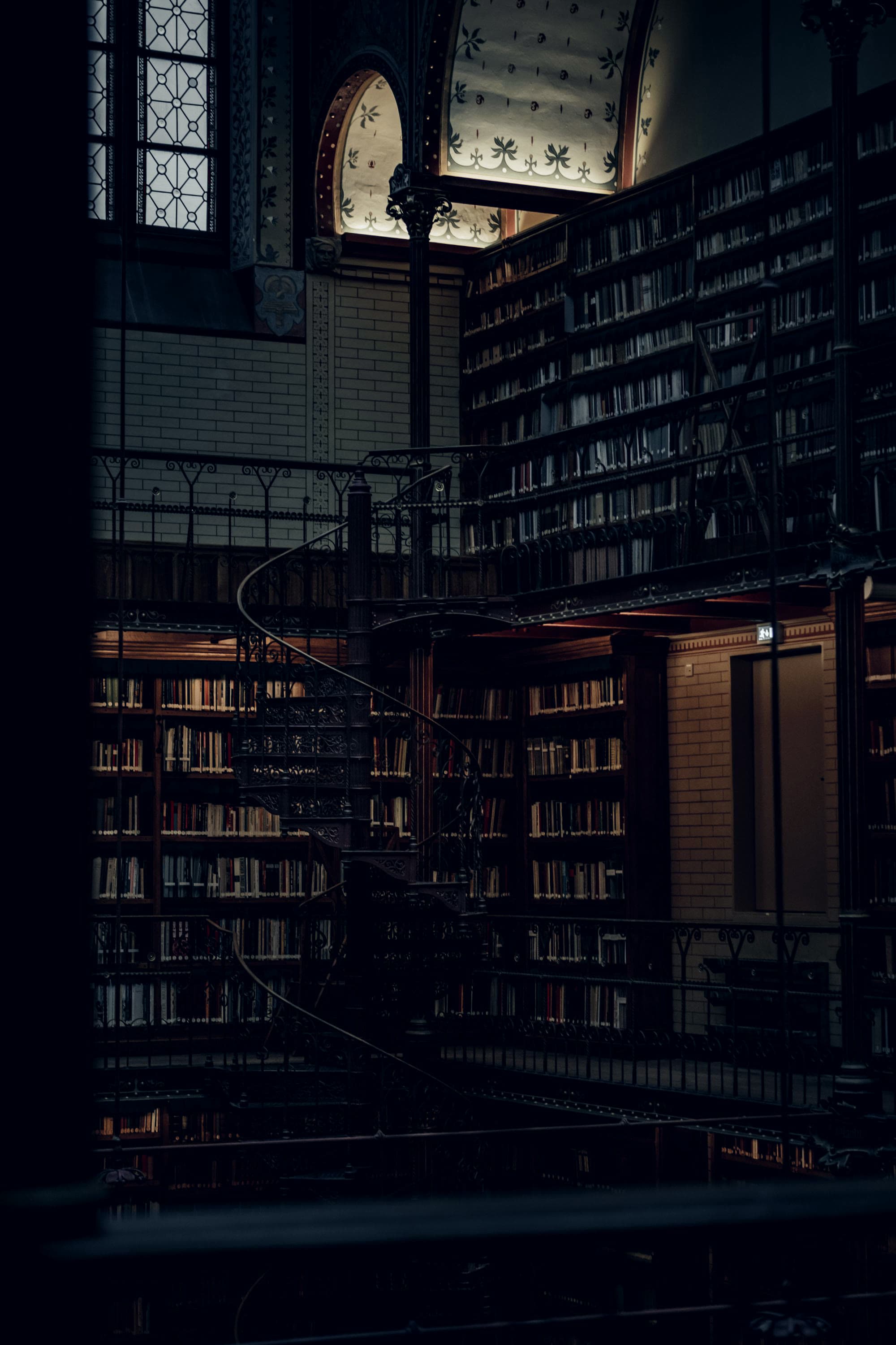 A dark research library, shelves rising into shadow